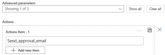 Screenshot che mostra la casella Actions Item -1 e il nome JSON dell'azione.