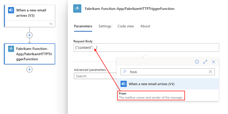 Screenshot che mostra un flusso di lavoro di tipo A consumo con un esempio di Corpo della richiesta per il payload dell'oggetto di contesto della funzione.