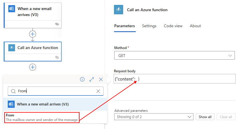 Screenshot che mostra un flusso di lavoro di tipo Standard e un riquadro azione Chiamare una funzione di Azure con un esempio di Corpo della richiesta per il payload dell'oggetto di contesto.