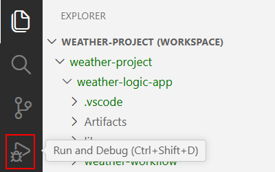 La screenshot mostra la barra delle attività di Visual Studio Code con Esegui e Debug selezionato.