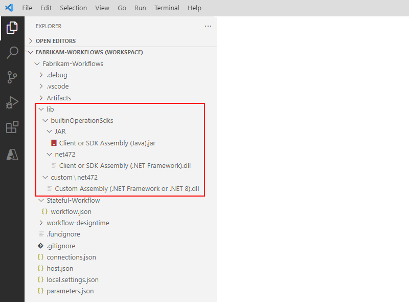 Screenshot che mostra la struttura del progetto di Visual Studio Code e le cartelle di assembly espanse.