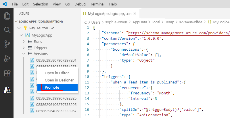Screenshot che mostra Visual Studio Code e come promuovere una versione precedente dell'app per la logica alla versione corrente. 