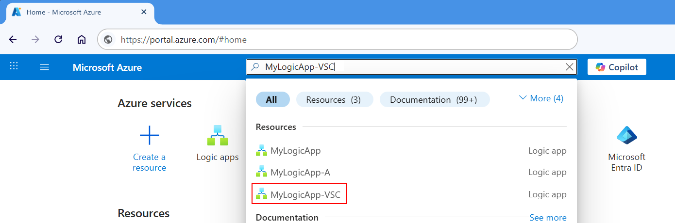 Screenshot che mostra il portale di Azure, la casella di ricerca e il nome immessi per l'app logica con il risultato evidenziato.
