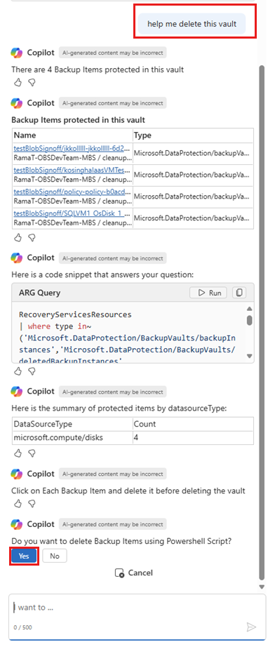 Screenshot che mostra l'opzione per scaricare lo script di eliminazione del vault da Copilot.