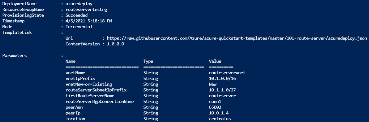 Screenshot che mostra l'output della distribuzione PowerShell del modello di Resource Manager del Route Server.