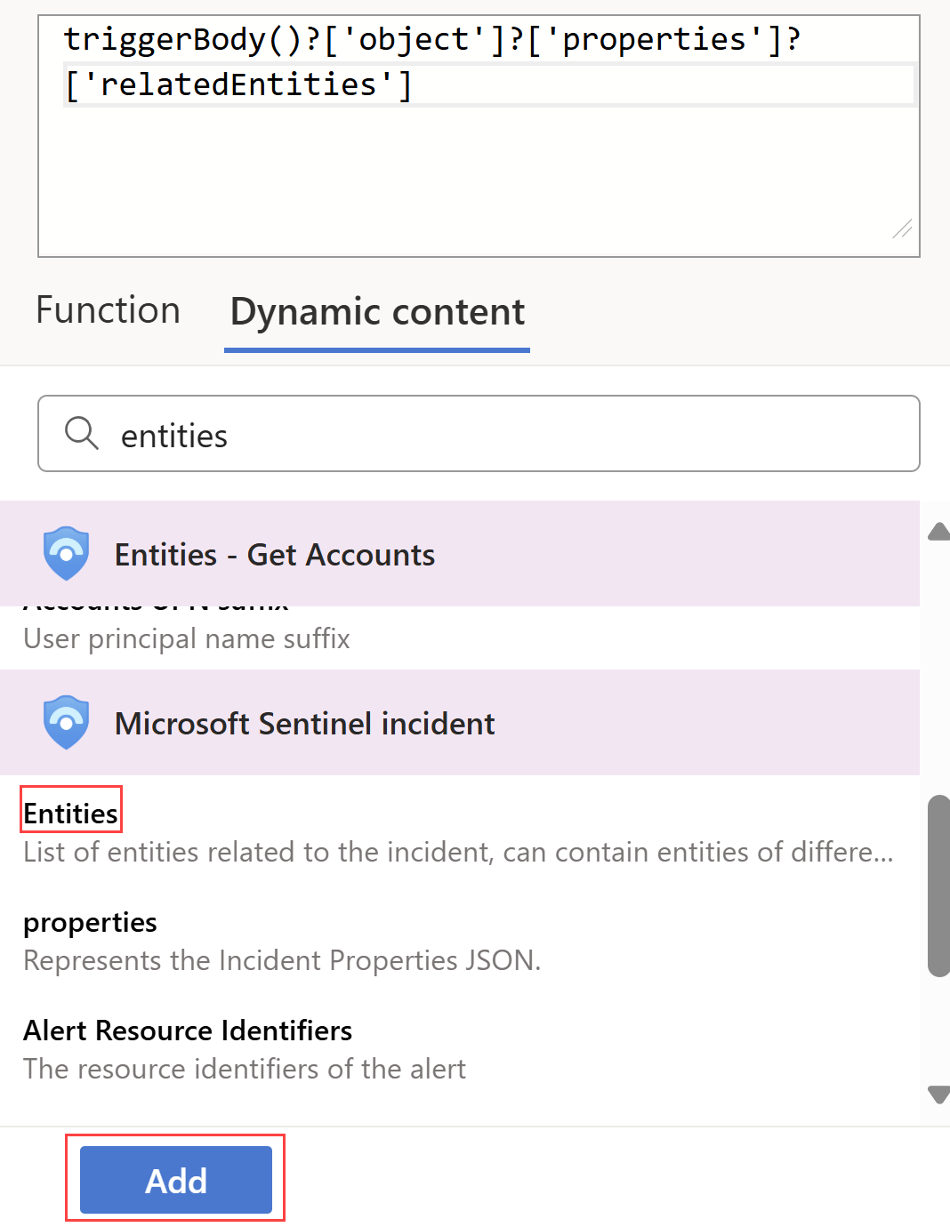 Screenshot della selezione del valore Entities (Entità) nella finestra di progettazione dell'app per la logica.