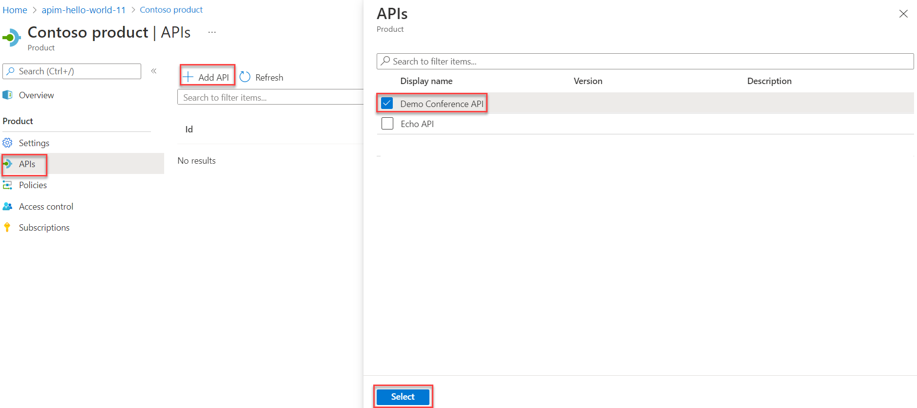 Screenshot del pannello API Management Products nel portale di Azure, che mostra come aggiungere un'API al prodotto creato per la risorsa app web statiche.
