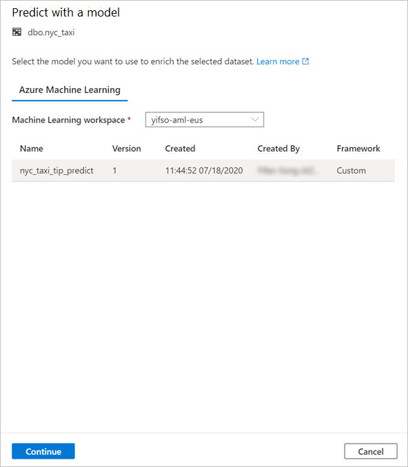 Screenshot che mostra la selezione del modello di Azure Machine Learning.