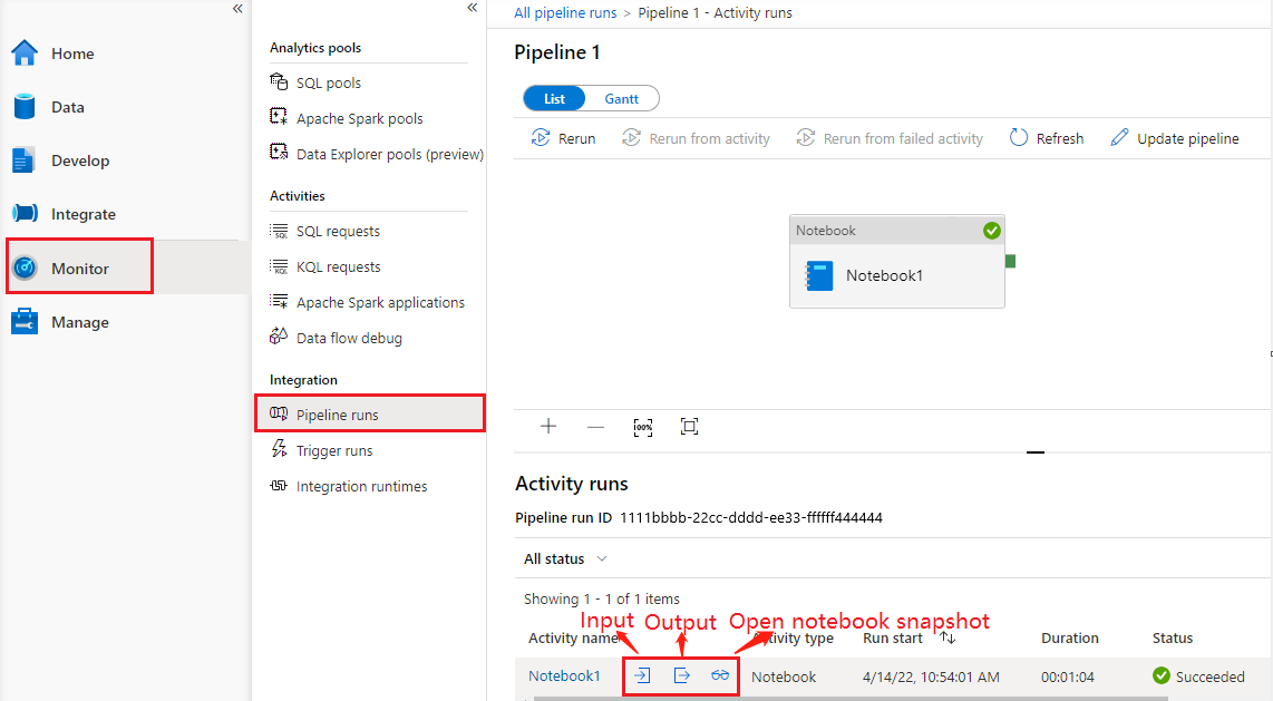 Screenshot che mostra la cronologia delle attività del notebook.