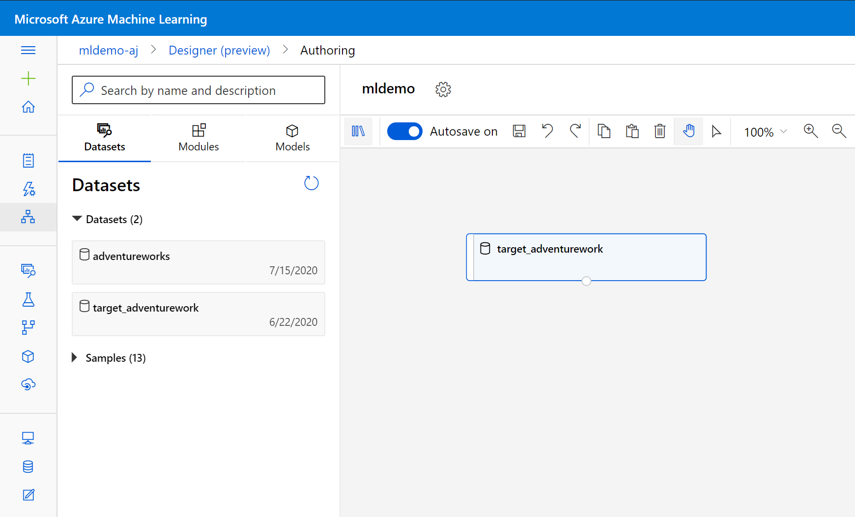 Screenshot del componente del set di dati nel canvas.