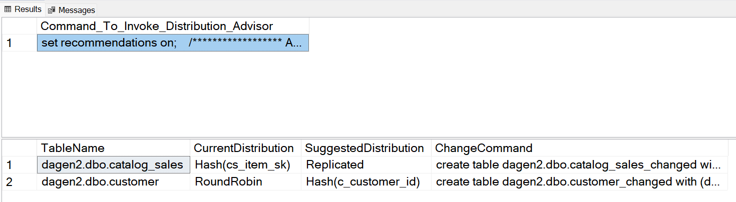Screenshot dell'output di un risultato di una query T-SQL che mostra il Command_to_Invoke_Distribution_Advisor con un secondo set di risultati contenente i comandi T-SQL per modifiche alla tabella.