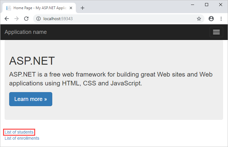 Screenshot che mostra la home page my A S P dot NET. L'elenco degli studenti è cerchiato in rosso.