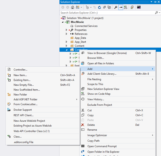 Screenshot che mostra la finestra Esplora soluzioni. Il menu di scelta rapida del Controller e il sottomenu Aggiungi sono aperti.