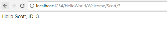 Screenshot che mostra una finestra del browser con l'U R L localhost:1234/Hello World/Welcome/Scott/3. Il testo nella finestra è Hello Scott ID 3.