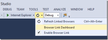 Screenshot del menu di Visual Studio, con l'icona 'Aggiorna' evidenziata e il Dashboard Collegamento del Browser evidenziato nel menu a discesa.