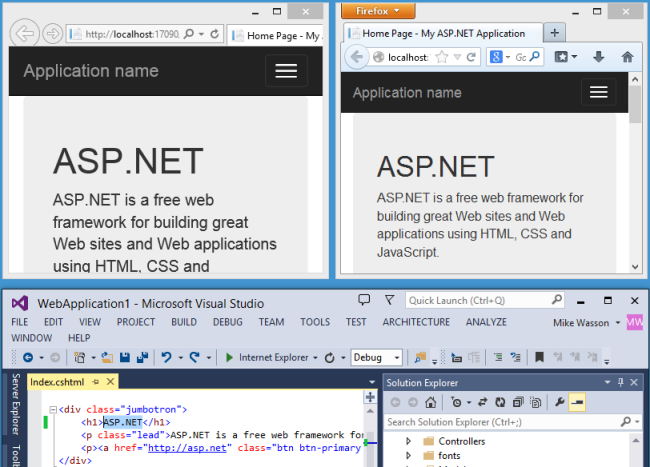 Screenshot di un progetto A S P dot Net, con l'applicazione in esecuzione affiancata in due browser e il progetto visualizzato di seguito in Visual Studio.