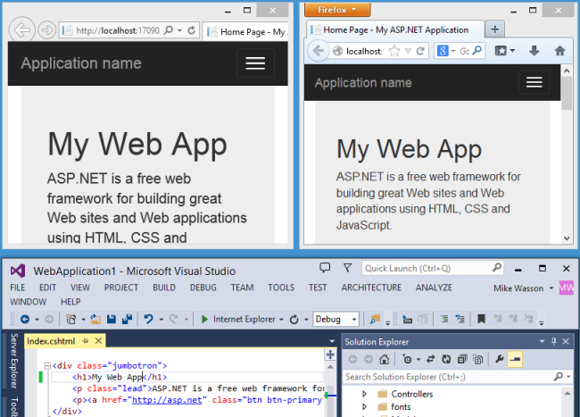 Screenshot di un progetto A S P dot Net, con le modifiche visualizzate nelle finestre del browser visualizzate side-by-side e il progetto visualizzato di seguito in Visual Studio.