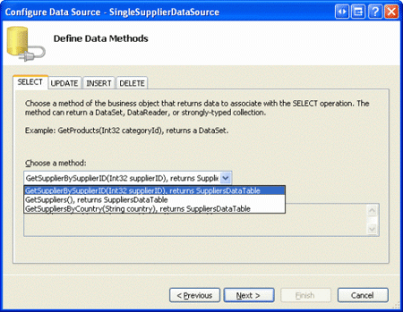 Configurare l'oggetto SingleSupplierDataSource ObjectDataSource per l'utilizzo del metodo GetSupplierBySupplierID(supplierID)