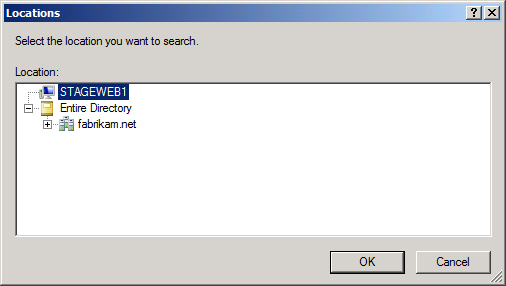 Fare clic su Posizioni. Nella finestra di dialogo Percorsi selezionare il server locale e quindi fare clic su OK.