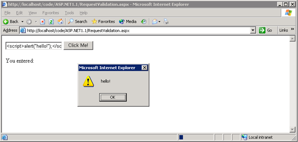 Screenshot che mostra se JavaScript è stato immesso nella casella di testo: il risultato sarà un pulsante 