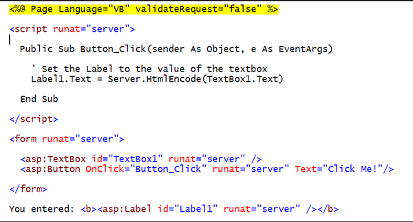 Screenshot che mostra che il contenuto può essere facilmente codificato in HTML nel server usando l'API Server.HtmlEncode(string). Il contenuto può anche essere facilmente decodificato in HTML, ovvero ripristinato al codice HTML standard usando il metodo Server.HtmlDecode(string).