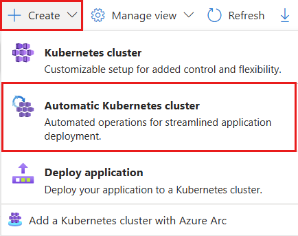 Screenshot del pulsante Crea cluster automatico AKS nel portale di Azure.