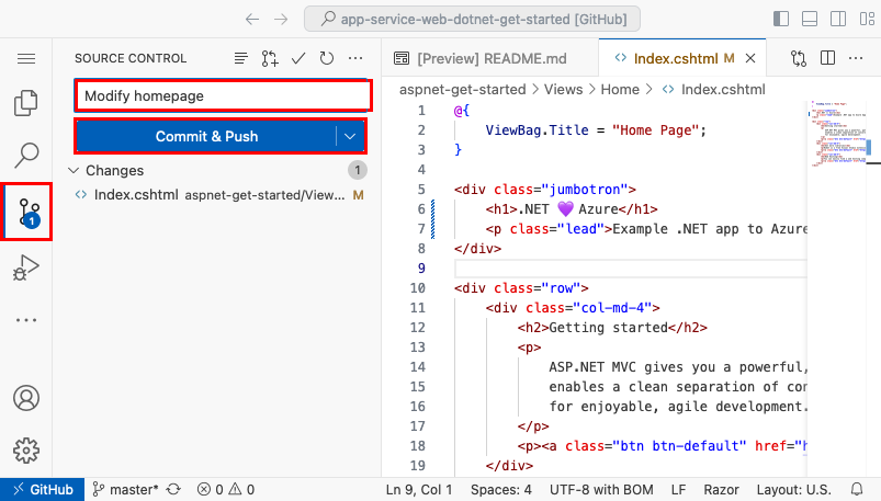 Screenshot di Visual Studio Code nel browser, pannello di Controllo del codice sorgente con un messaggio di commit 