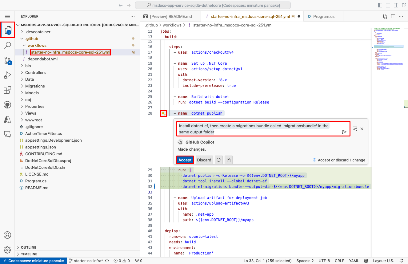 che mostra l'uso di GitHub Copilot in un file del flusso di lavoro GitHub.