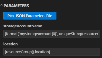 Screenshot del file di parametri di selezione nel riquadro di distribuzione in Visual Studio Code.