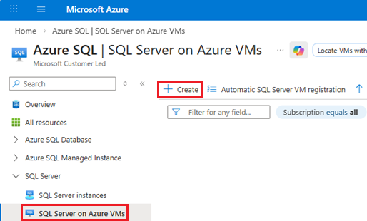 Screenshot della pagina SQL Server su macchine virtuali Azure dalla pagina hub di Azure SQL nel portale di Azure, che mostra il pulsante +Crea.