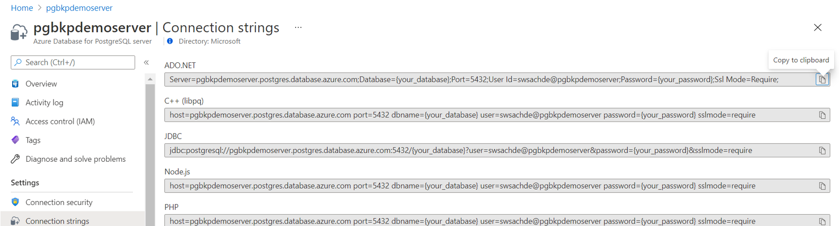 Screenshot che mostra la stringa di connessione del server Database di Azure per PostgreSQL come segreto.