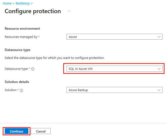 Screenshot che mostra come selezionare il database SQL come origine dati per il backup.
