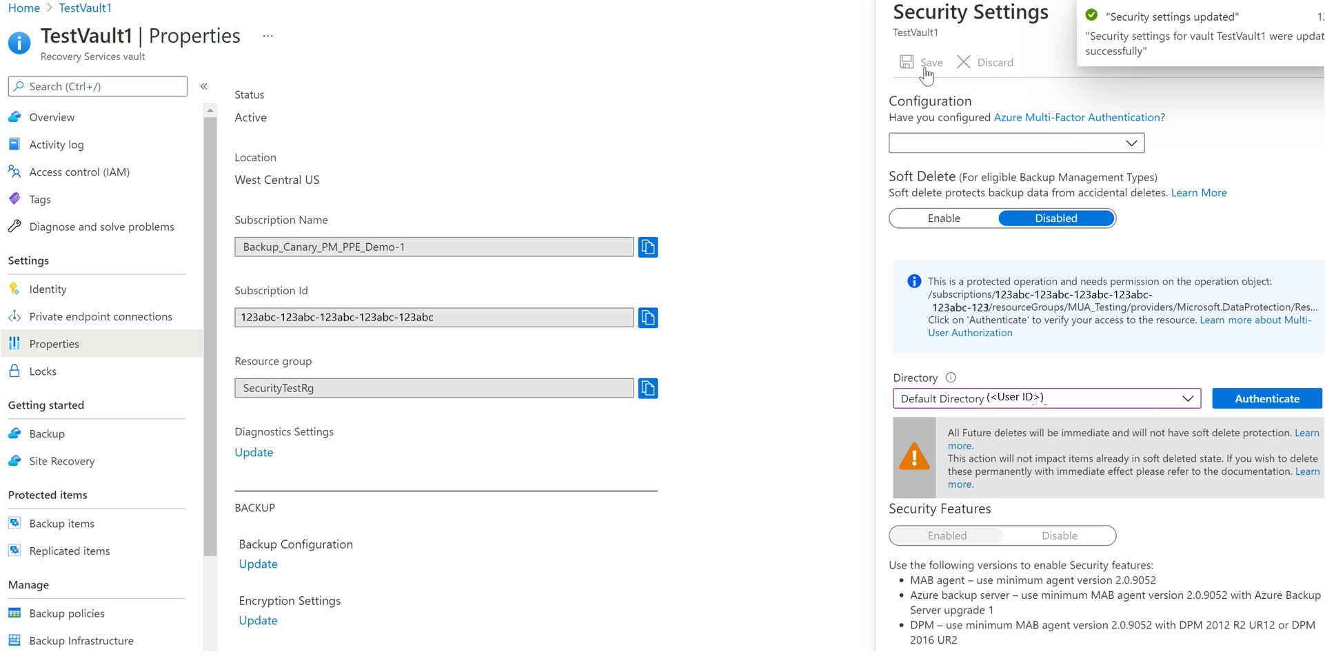 Screenshot che mostra la disabilitazione dell'eliminazione temporanea per un insieme di credenziali abilitato per l'autenticazione multiutente.