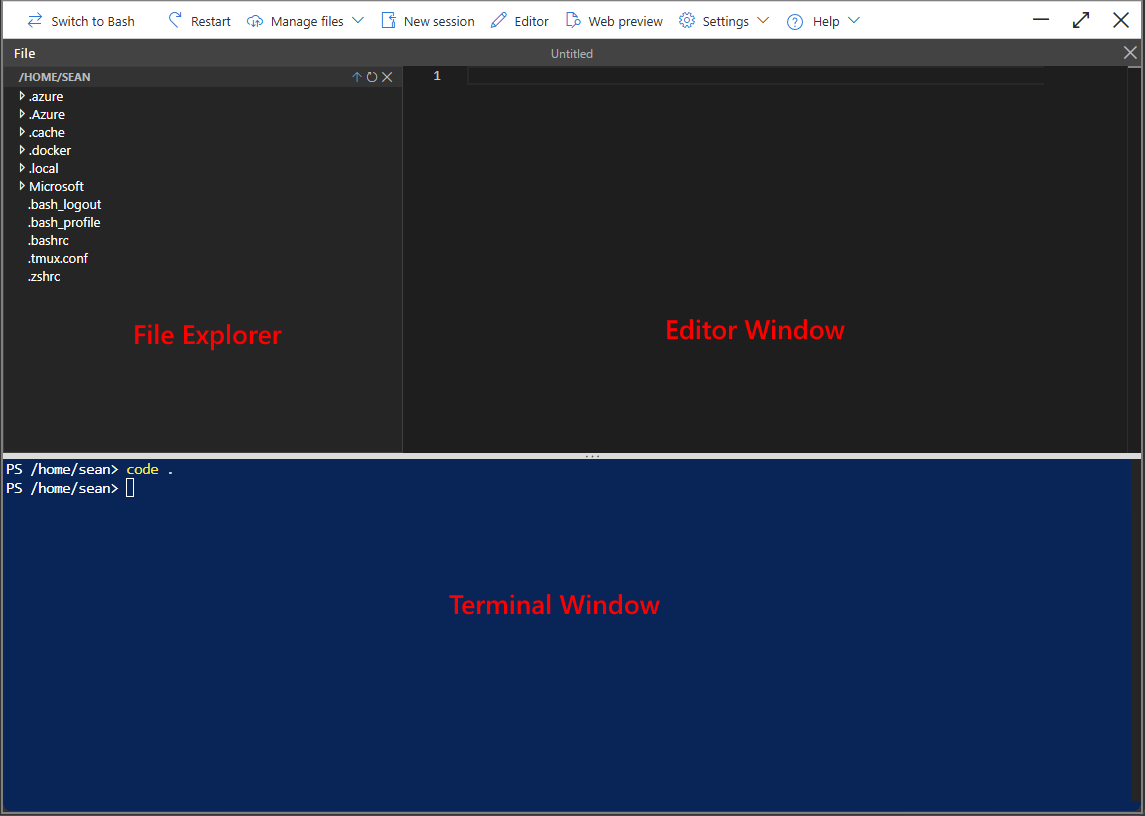 Screenshot dell'editor di Cloud Shell.