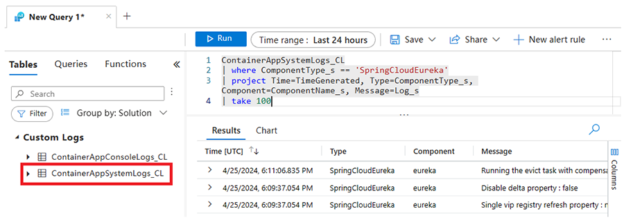 Screenshot dei log dei componenti Java di Log Analytics.