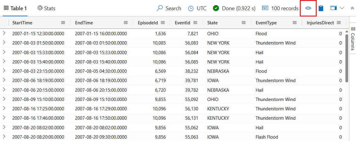 Screenshot dell'icona a forma di occhio per nascondere la griglia dei risultati nell'interfaccia utente Web di Azure Esplora dati.