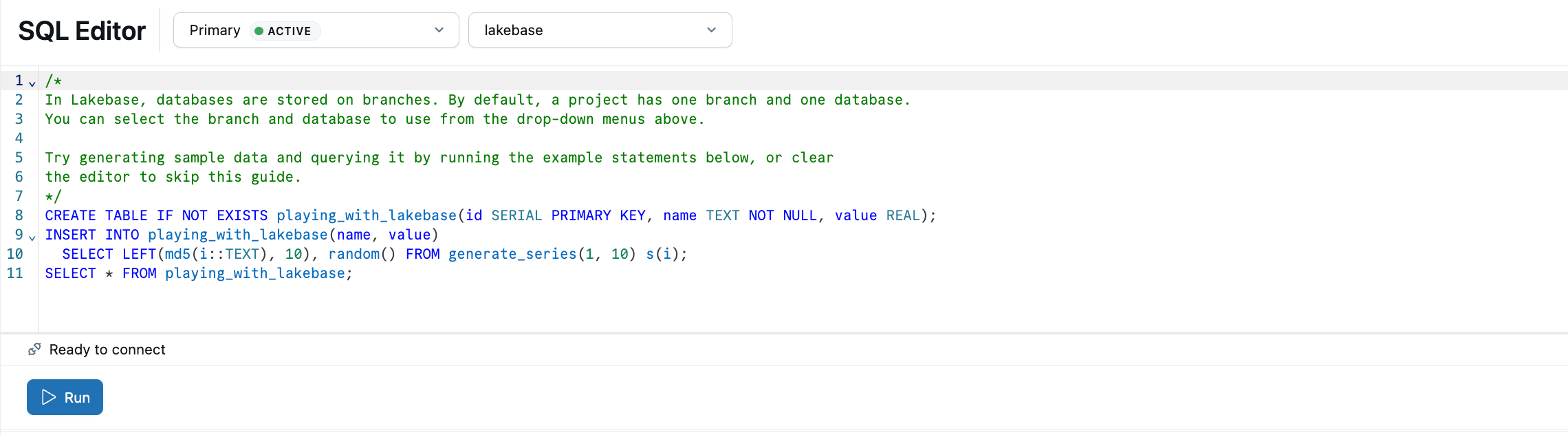 Editor SQL con esempi di SQL precaricati