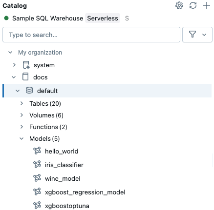 Sezione dell'albero di Esplora cataloghi che mostra i modelli.
