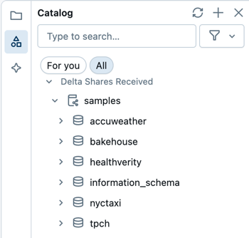 Il riquadro sinistro nell'editor SQL include le schede per il browser di file dell'area di lavoro, il browser dello schema e Genie Code.