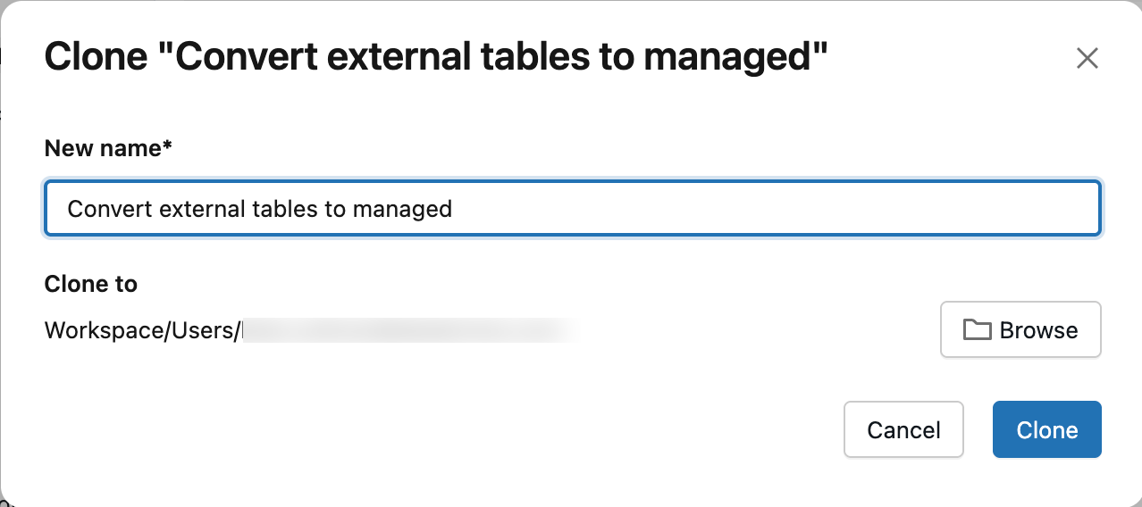 La finestra di dialogo Crea taccuino di conversione che mostra il campo Nome e l'opzione Sfoglia