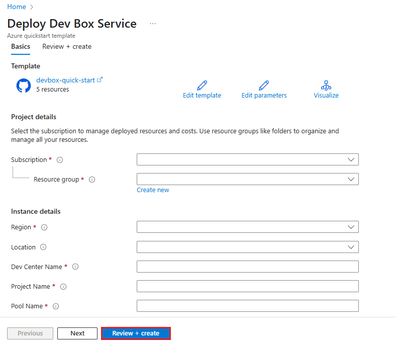 Screenshot della scheda Informazioni di base nel modello Introduzione, che mostra i campi per la sottoscrizione, il gruppo di risorse e la selezione dell'area.