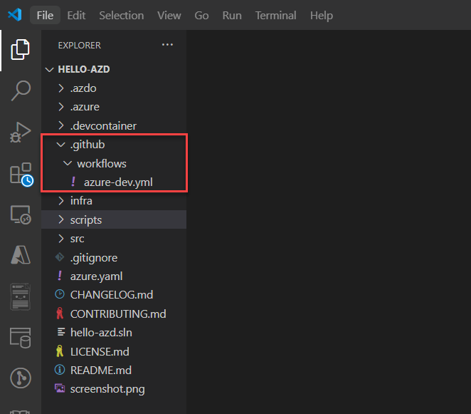 Screenshot che mostra un file di definizione della pipeline di esempio.