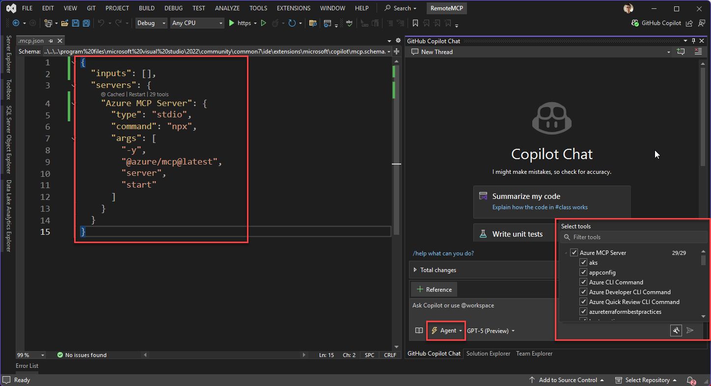 Screenshot che mostra come configurare il server MCP di Azure in Visual Studio.