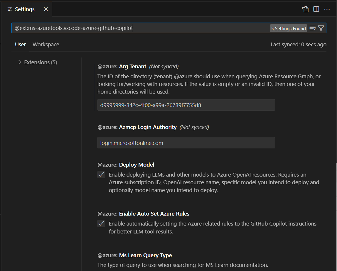 Screenshot che mostra la scheda Impostazioni con un'opzione per impostare il tenant di Azure Resource Graph.