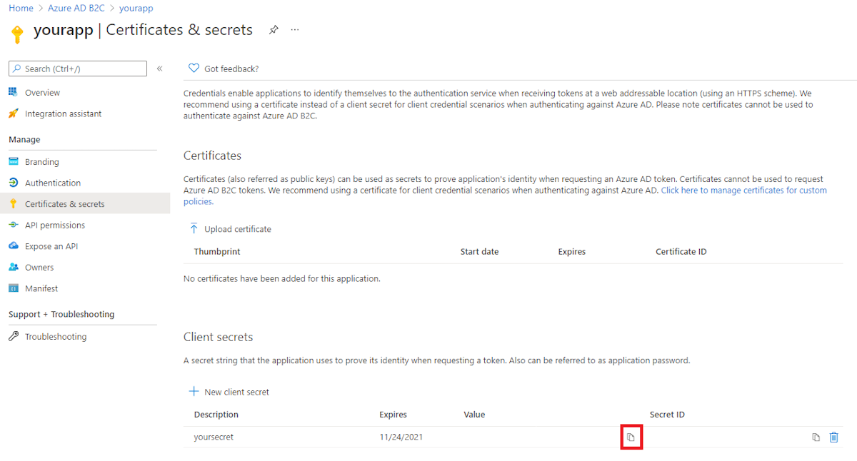 schermata Certificati e segreti con il pulsante Copia selezionato.