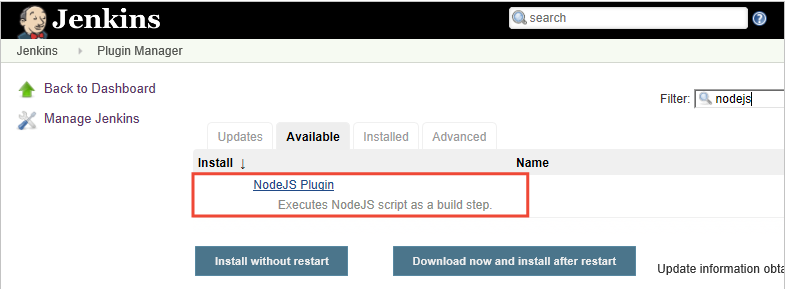 Aggiunta del plugin NodeJS a Jenkins