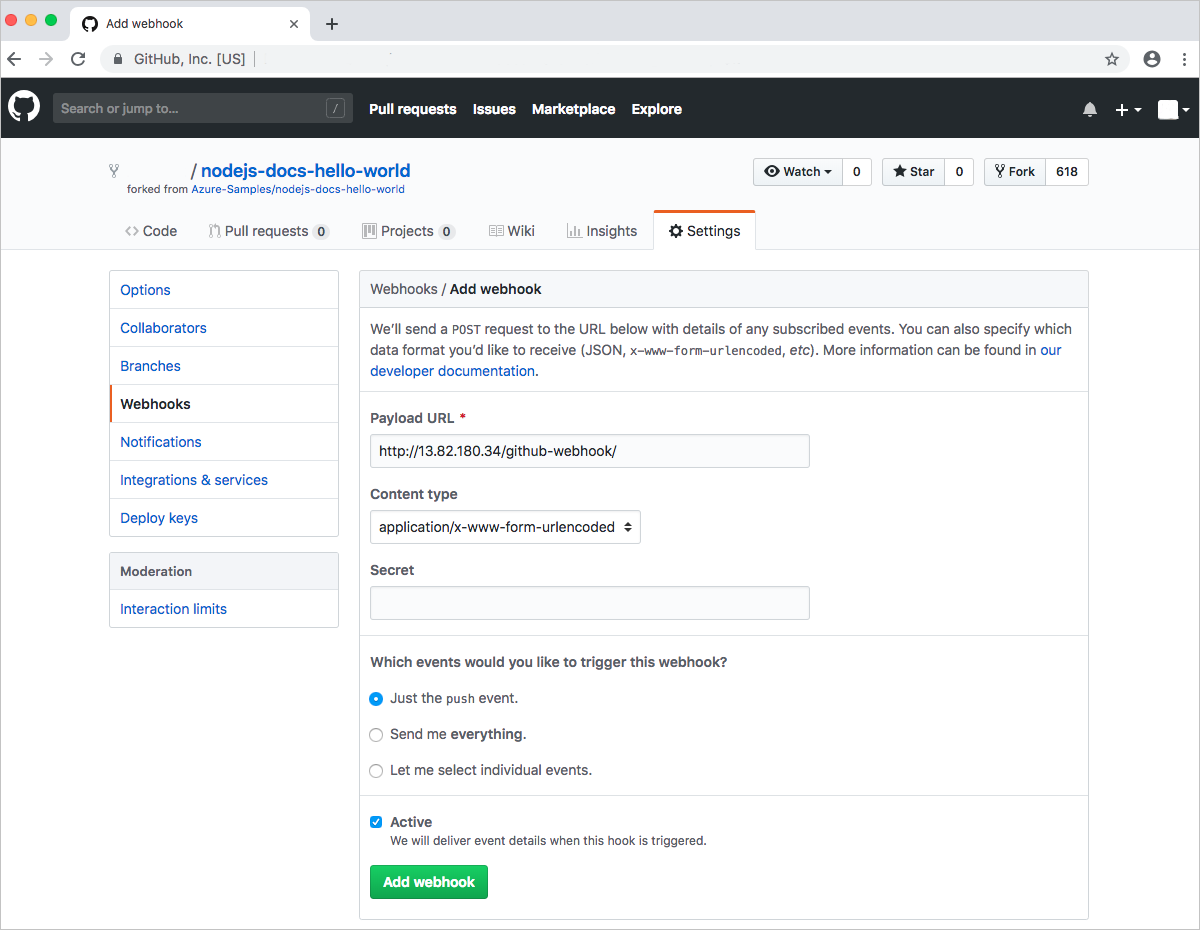 Aggiungere il webhook GitHub al repository forkato