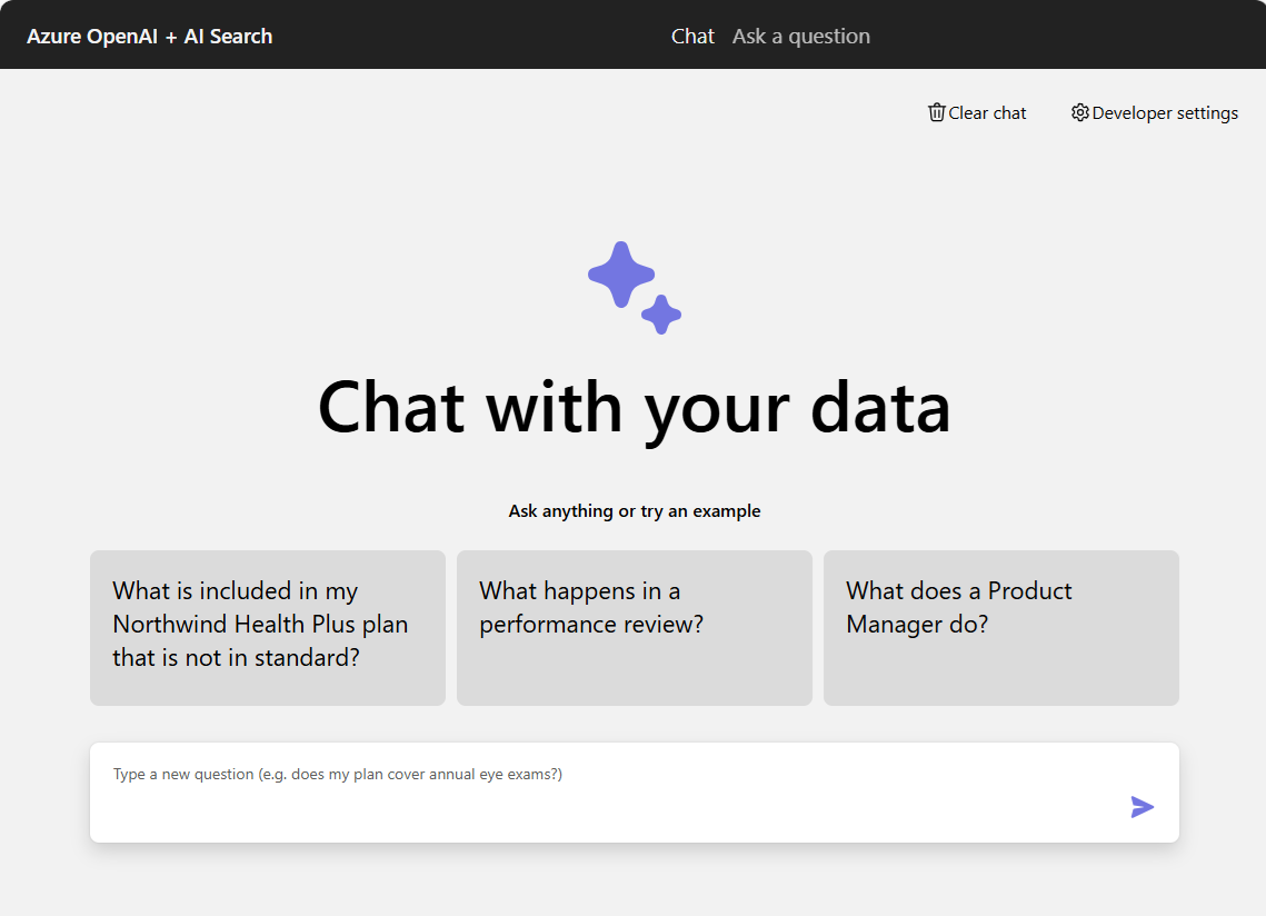 Screenshot dell'app di chat che mostra diversi suggerimenti per l'input della chat e la casella di testo della chat per immettere una domanda.
