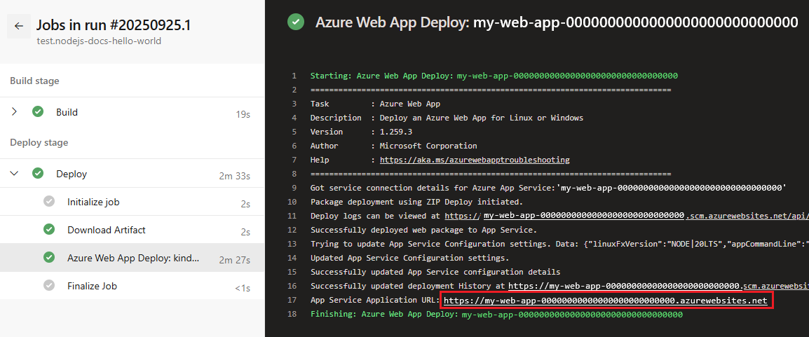 Screenshot della posizione dell'URL del sito web in Azure Pipelines.