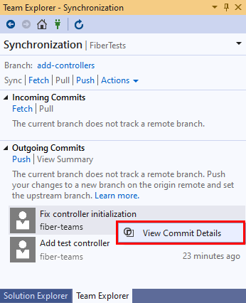Screenshot di un commit nella visualizzazione Sincronizzazione di Team Explorer in Visual Studio 2019.